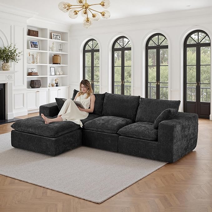 108" Sectional Couches for Living Room Boneless Couch Upholstered Cloud Couch Sectional Modular Sectional Sofa with L Shaped (Chenille-Black, 3 Seat+1 Ottoman)