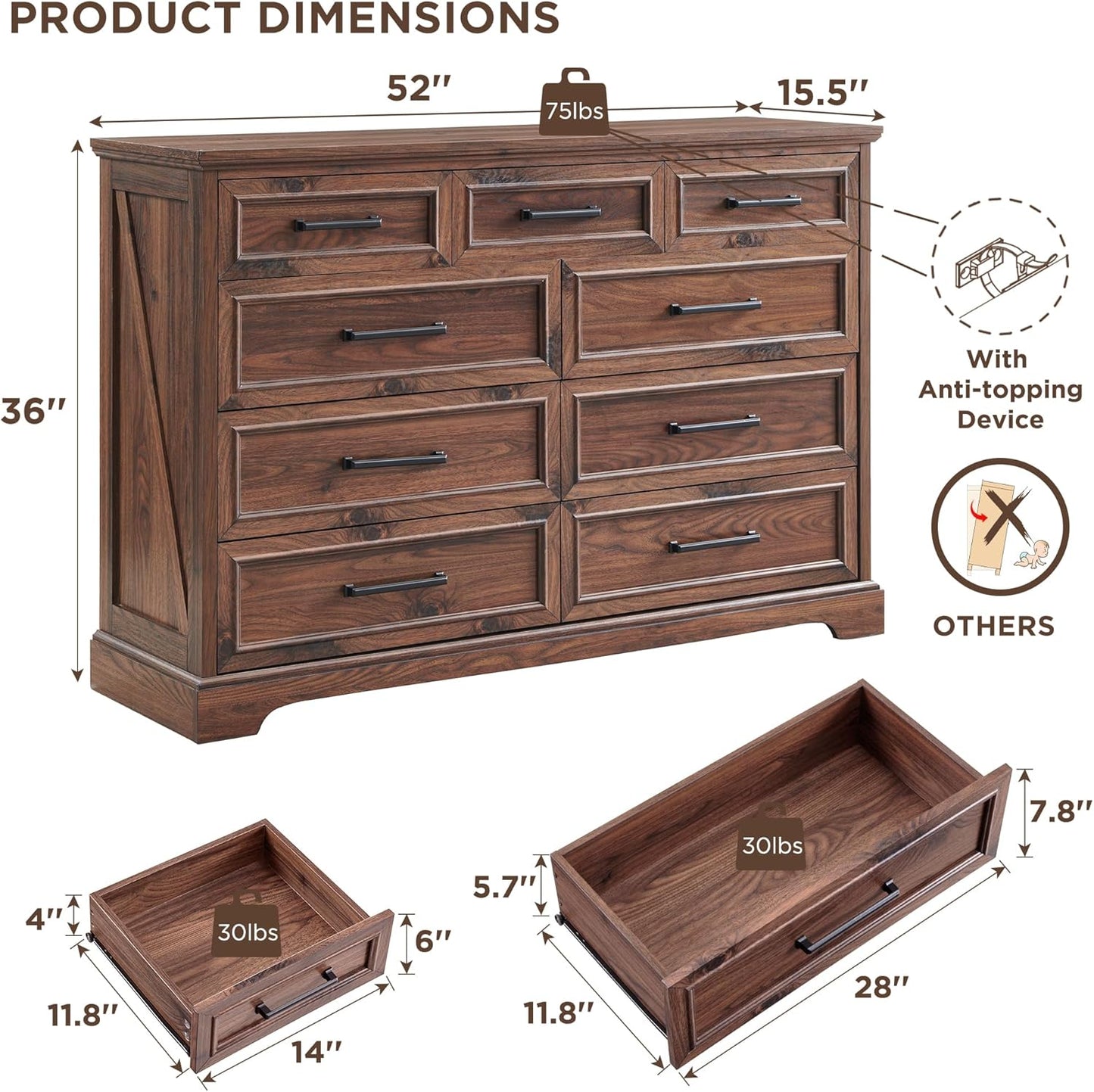 Farmhouse 9 Drawer Dresser for Bedroom, 36 Inch Tall Modern Dresser TV Stand with Large Drawers & Bar Handles, Rustic Wood Chest of Drawers for Bedroom, Living Room, Hallway, Brown