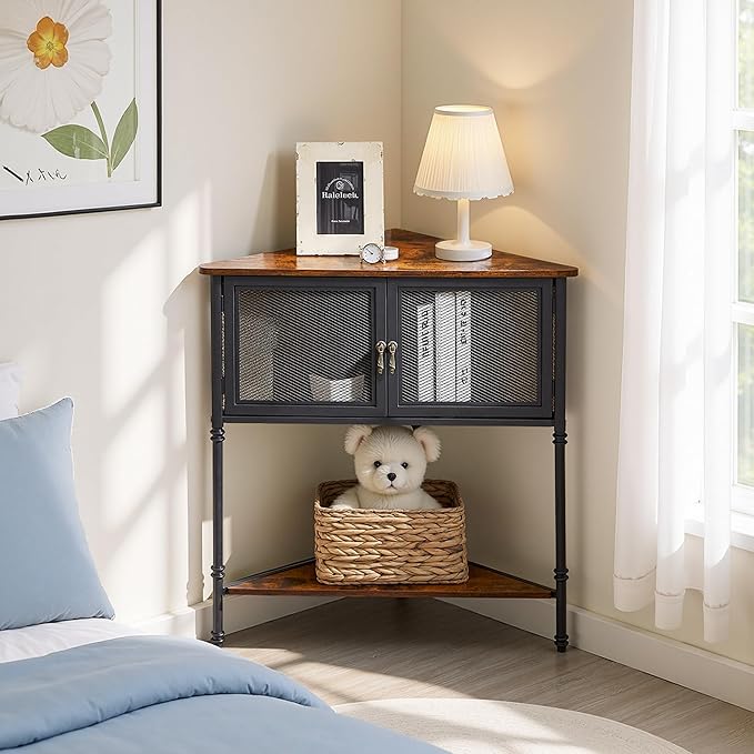 VECELO 3 Tier Corner Shelf,Corner Table with Mesh Door and Open-Shelf,Corner Cabinet Stand,Metal Frame Organizer Display Storage Shelves for Bedroom,Living Room,Kitchen,Bathroom