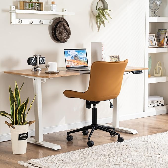 YOUNIKE Ergonomic Home Office Desk Chair with Wheels Comfy Armless Criss Cross Chair with Back Adjustable Height Modern Leather Upholstered Swivel Vanity Chair Small Cute Rolling Task Chair Tan