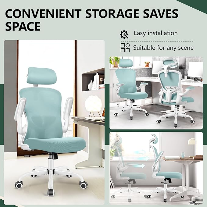 FelixKing Ergonomic Office Chair with Adjustable High Back, Breathable Mesh, Lumbar Support, Flip-up Armrests, Executive Rolling Swivel Comfy Task Computer Chair for Home Office (Light Blue)