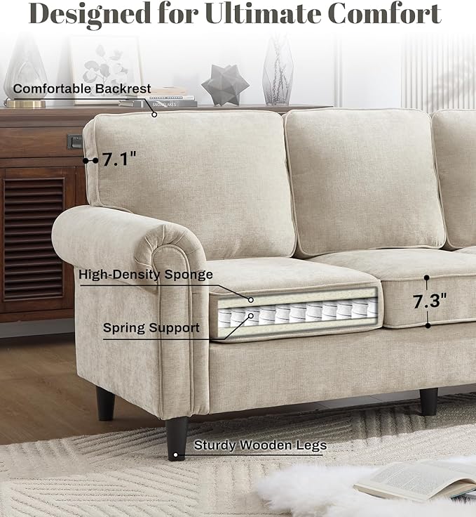 Kingfun 3 Seater Couch with Chair, Mid Century Modern Sofa Set with Rolled Arms and Deep Seats, Fluffy Comfort for Living Room, Apartment, Easy Assembly, Khaki