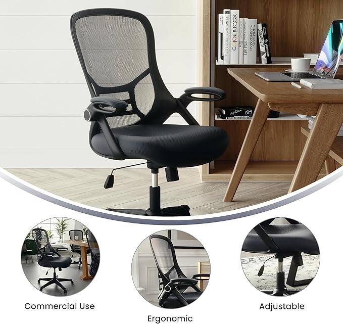 Flash Furniture Porter High-Back Swivel Office Chair with Adjustable Lumbar Support and Seat Height, Ergonomic Mesh Desk Chair with Flip-Up Armrests, Black