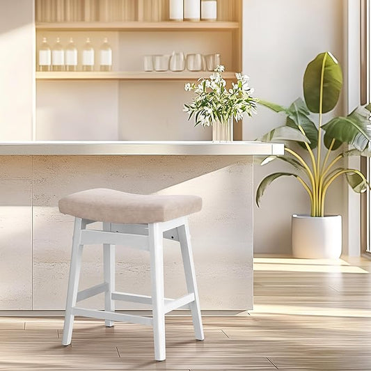 ALPHA HOME Bar Stools Set of 1, Solid Wood Saddle Kitchen Stools with Grey PU Leather Cushion Counter Height Barstools with Wooden Base for Kitchen Dining Cafe, 24 Inch, 1PCS