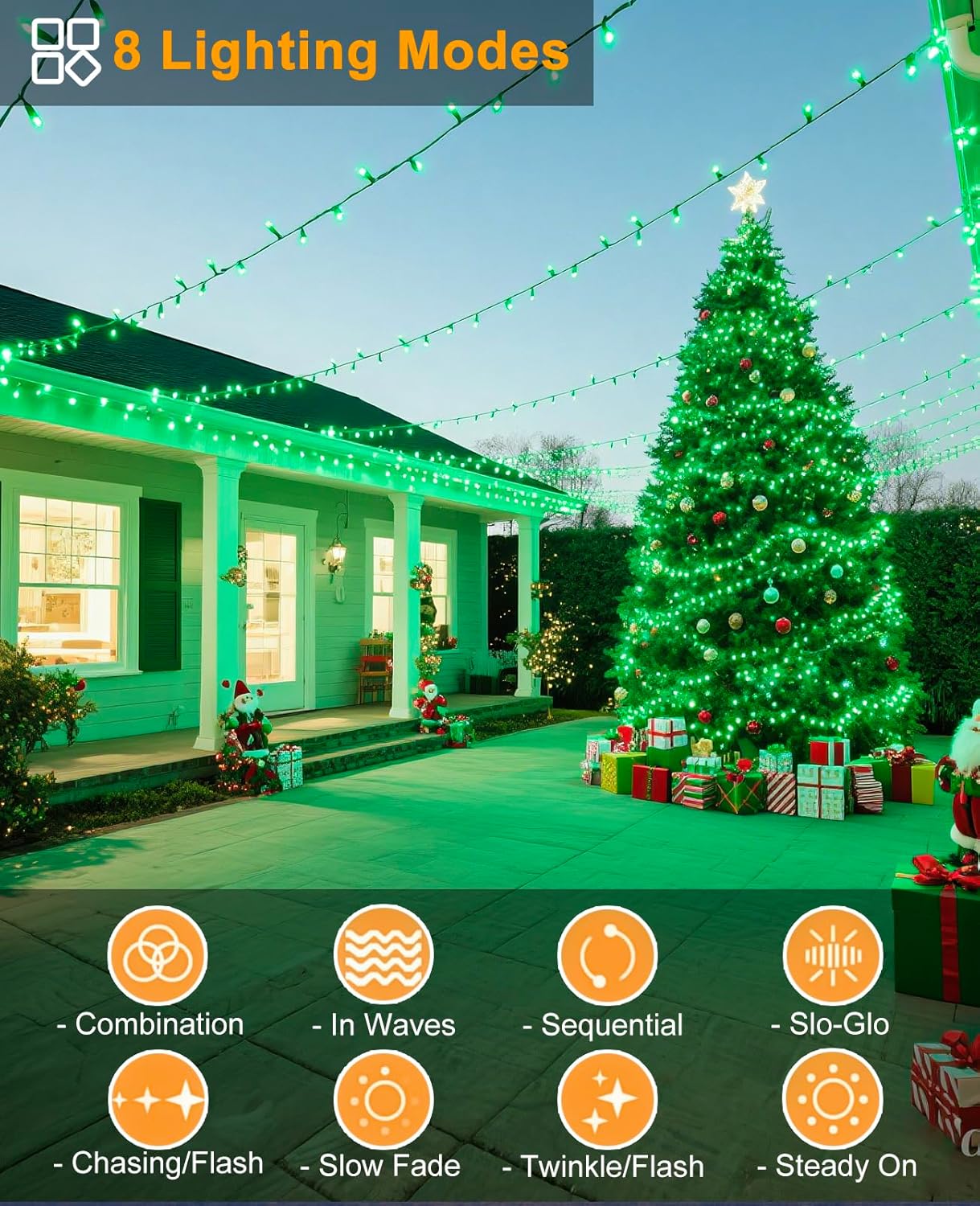 40FT 120 LED Christmas Lights Outdoor, Green Wire Christmas Tree Lights with 8 Modes & Waterproof, Connectable Plug in String Light for Indoor Garden Yard Party Holiday Decorations, Green