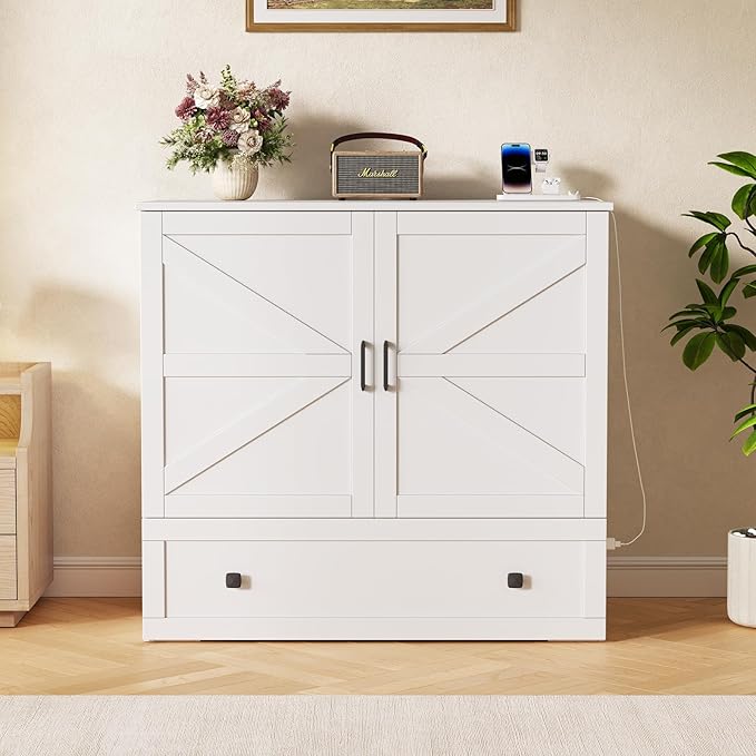 Murphy Bed with Built-in Charging Station, Space-Saving Murphy Bed Chest Twin with Drawer, Foldable, for Home Office Guest Room Bedroom White