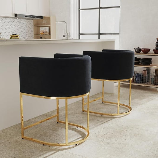 Black Velvet Bar Stools Set of 2, 24" Contemporary Upholstered Fabric Counter Height Barstools Kitchen Counter Island Stools with Golden Metal Base
