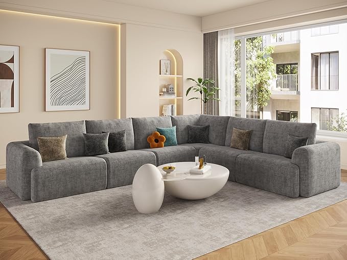 EASE MOOSE Boneless Modular Cloud Couch, Oversized L-Shaped Sectional Sofa for Living Room, Extra Large Movable Couches, 6-Deep-Seat Movable Sofas for Bedroom, Apartment, Chenille (Light Grey)