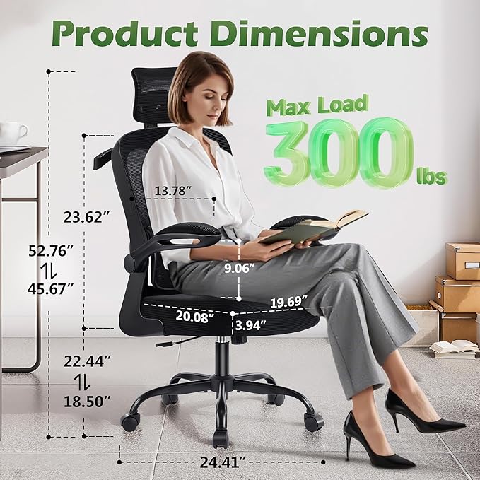 Office Chair Ergonomic Desk Chairs with Adjustable Lumbar Support& Headrest Hanger, High Back Breathable Mesh Chair with Wheels, Rolling Swivel Comfy Task Computer Chair for Home Work Gaming