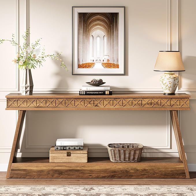 Tribesigns Farmhouse Console Table, 70.9-Inch Extra Long Entryway Table with Storage, 2-Tier Narrow Sofa Table Behind Couch, Wooden Accent Table for Living Room, Hallway, Foyer, Rustic Brown