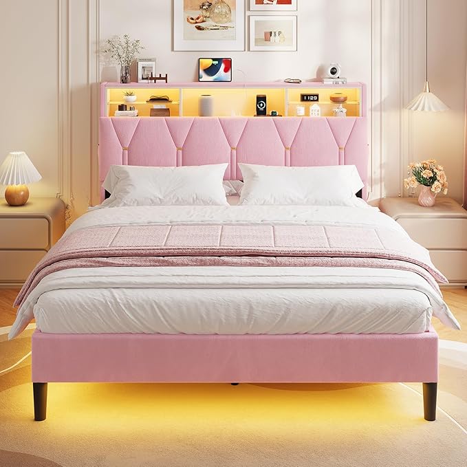 Full Size Bed Frames with Storage Headboard,Power Outlet, Modern Velvet Upholstered Platform Bed LED Bed Frame with 5 Storage Shelves, No Box Spring Needed, Pink