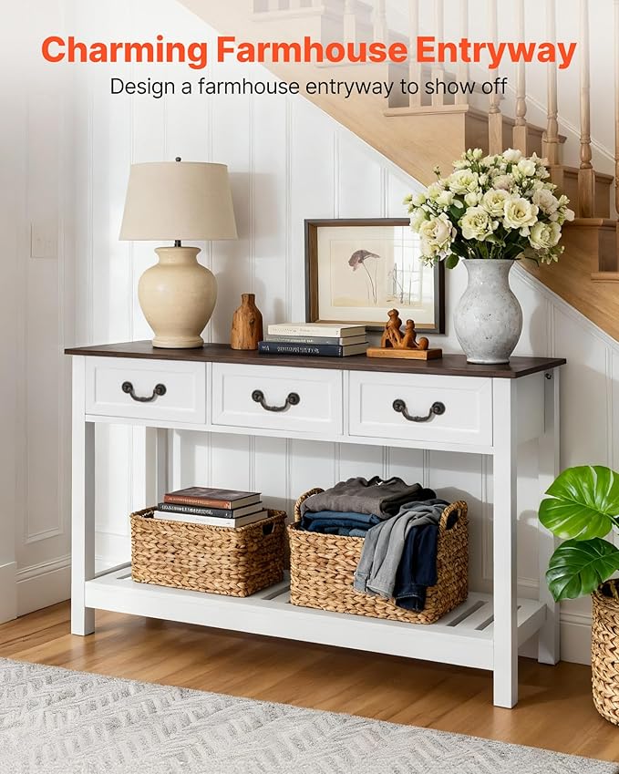VEVOR 47 in Console Table, Farmhouse Desk Behind The Couch with Drawers and Bottom Storage Shelf, Wooden Rectangle Entrance Narrow Sofa Table for Hallway, Bedroom, Living Room, Foyer, Brown + White