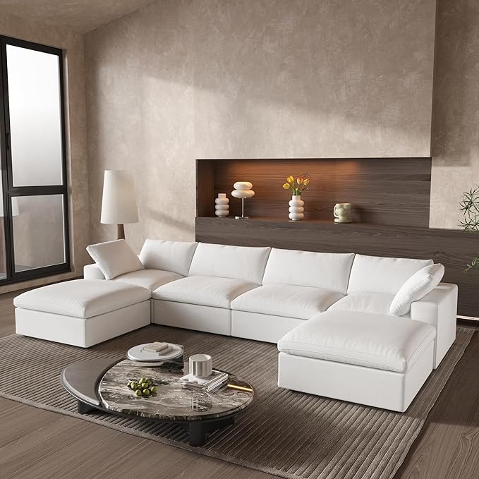Cloud Couch Modular Sectional Sofa,160.6" Down Filled Sofa with Storage Ottoman,U Shaped Couch 6 Seater, White Convertible Sectional Sofa for Living Room,Covers Removable & Washable