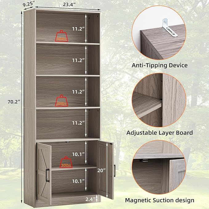 70in Tall Bookshelf 6 Tier Bookcase with Barn Doors and Adjustable Shelf, Oak Grey Farmhouse Book Shelves with Storage Cabinet, Wood Floor Standing Display Bookshelve for Bedroom, Living Room