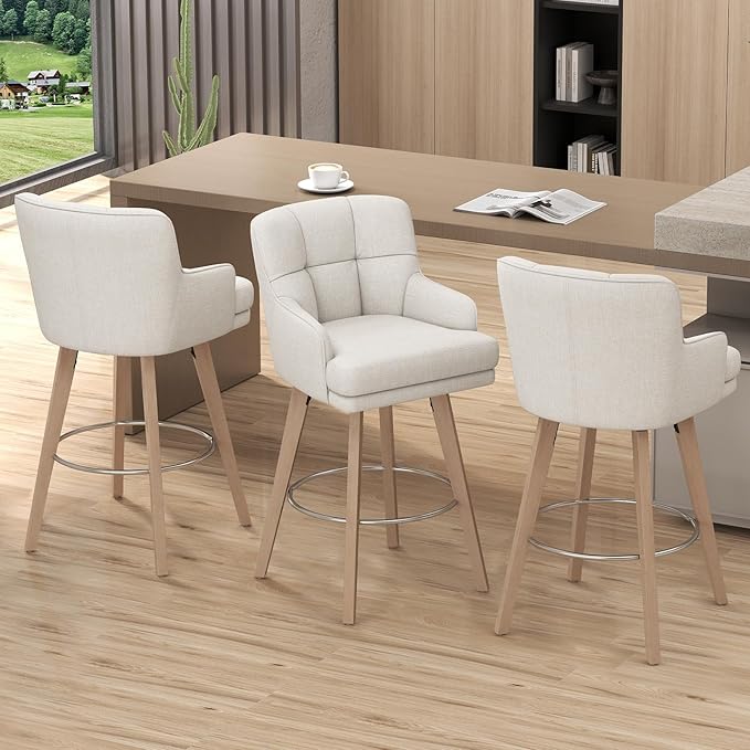 360°Swivel Counter Height Bar Stools with Back, 30 inch Solid Wood Legs, Bar Stool Modern Kitchen Island Chairs, Fabric (Beige- Fabric, 30" H- Set of 4)
