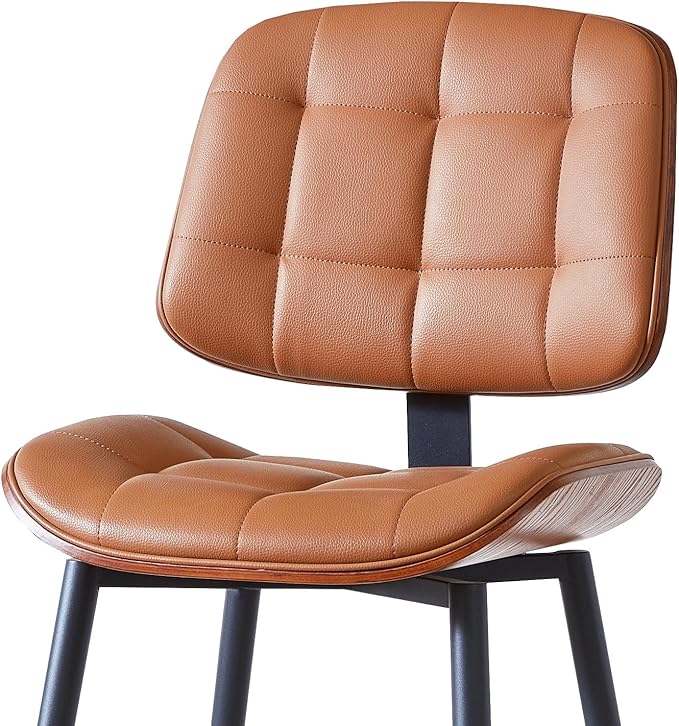 Mid Century Modern Bar Stools Set of 2 for Kitchen Island,Upholstered Brown Faux Leather Counter Height stools,26 Inch Counter stools with Walnut Grain Back