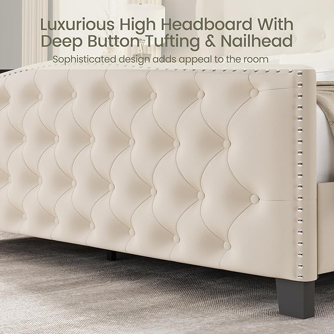 LARMACE Queen Size Bed Frame Velvet Upholstered Platform Bed with Wingback Headboard & Footbaord, Deep Button Tufted Bed Frame with Wood Slats Support, No Box Spring Needed, Beige