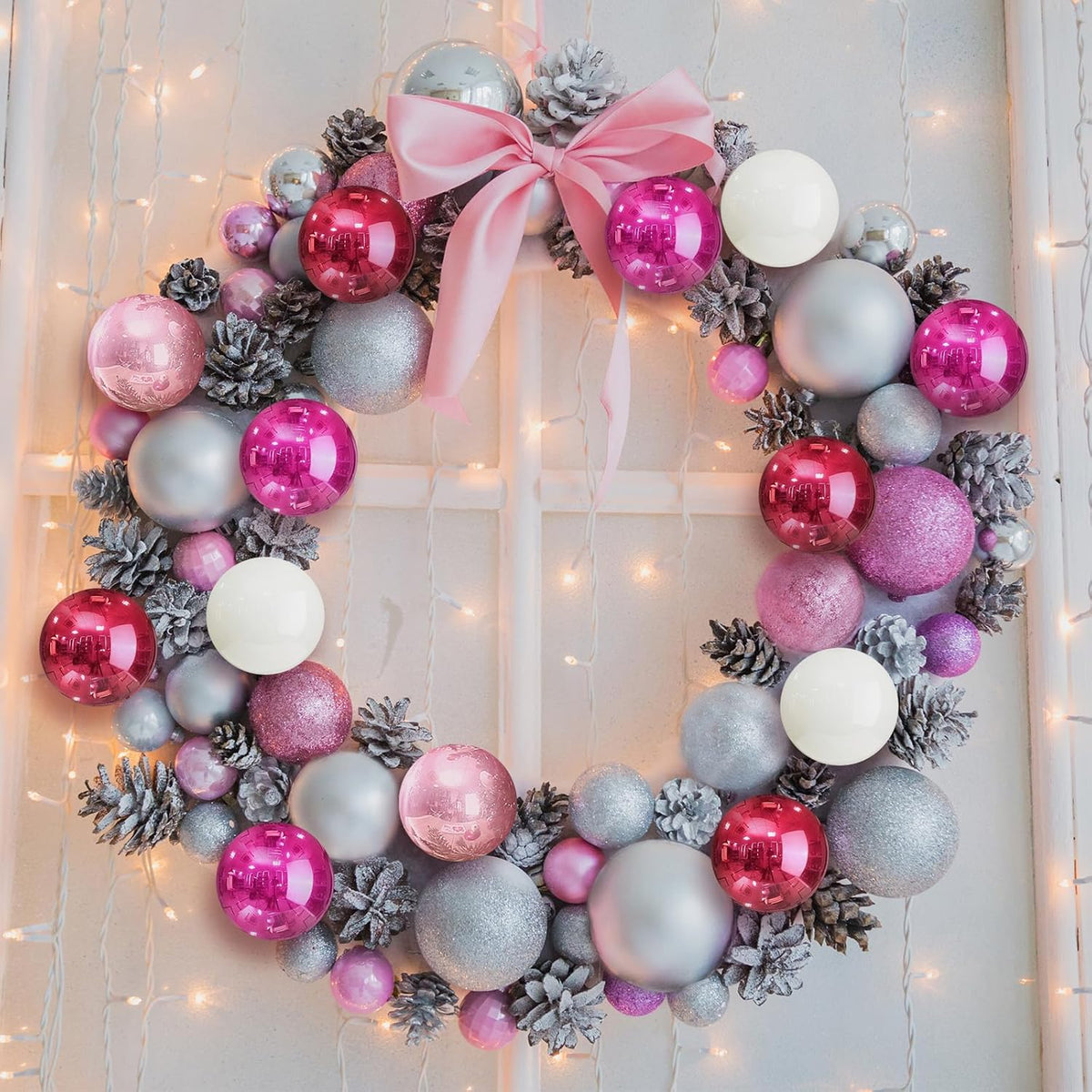 Tioncy 32 Pcs 1 Inch Mini Glass Christmas Ornaments Balls Shiny Christmas Balls Tiny Tree Hanging Decoration Small Colorful Ball Pendant for Xmas Party Supplies(Pink Series, White)