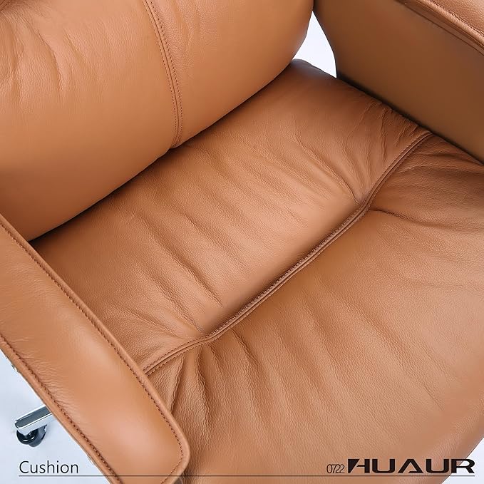 Genuine Leather Modern Executive Chair High-Back Support 90 to 150 Degrees Tilt and Upholstered Home Desk Chair with Base 400LB Capacity Swivel Computer Office Chair (Orange)