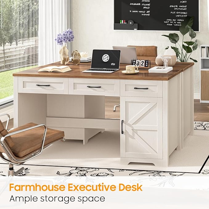 Vabches Farmhouse 59" Executive Desk,Computer Desk with 3 Drawers and Storage Cabinet,Home Office Desk for Work and Study