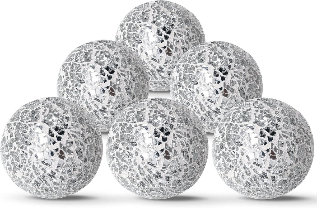 6Pcs Decorative Ball Set, 6cm/2.4inch Mosaic Glass Orbs Centerpiece Balls for Decorate Tables Wedding Party (Silver)