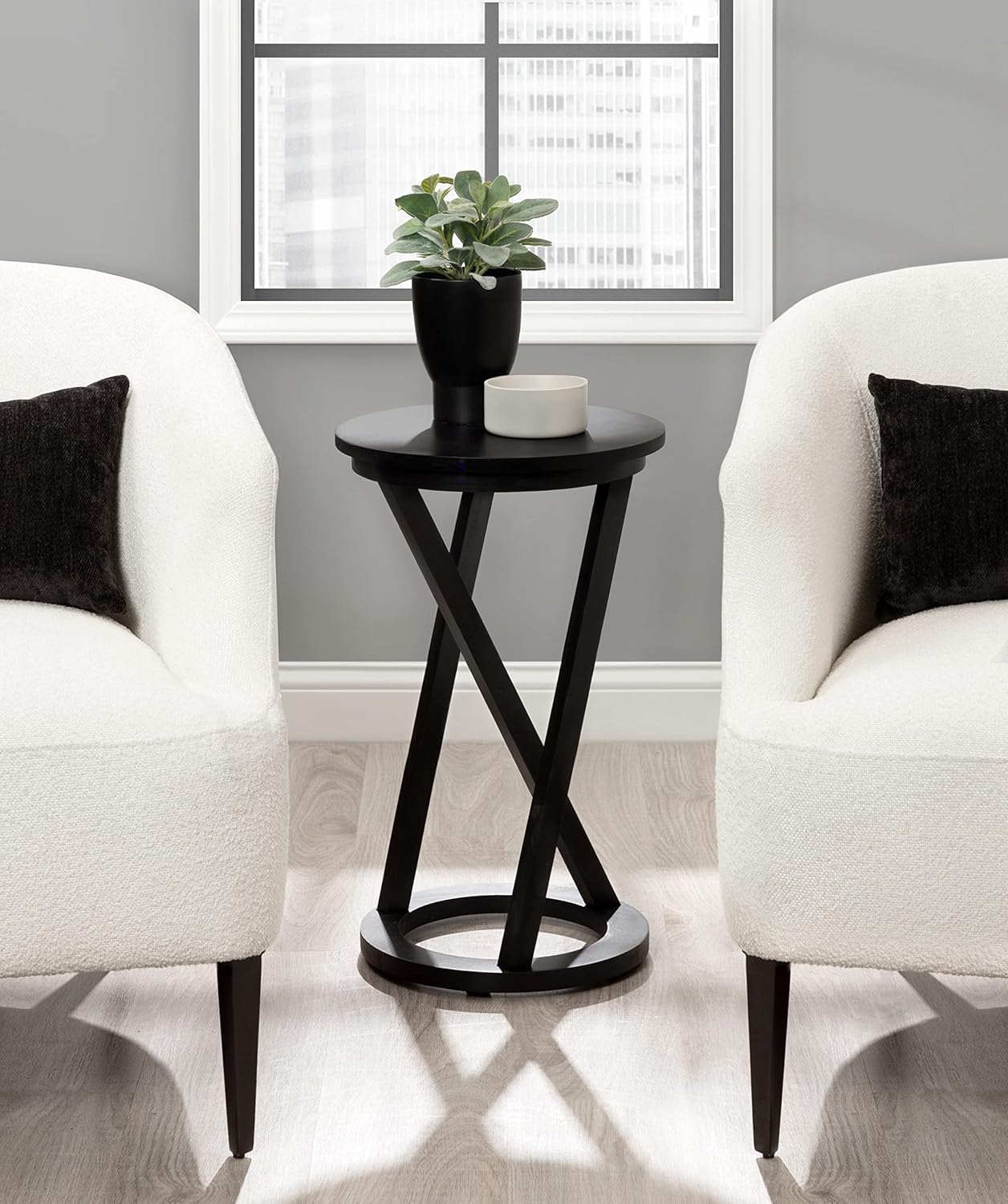 Kate and Laurel Aja Modern Side Table, 15 x 15 x 23, Black, Decorative Modern Geometric Wood Bedroom Nightstand Table with Round Tabletop and Unique Slanted Legs