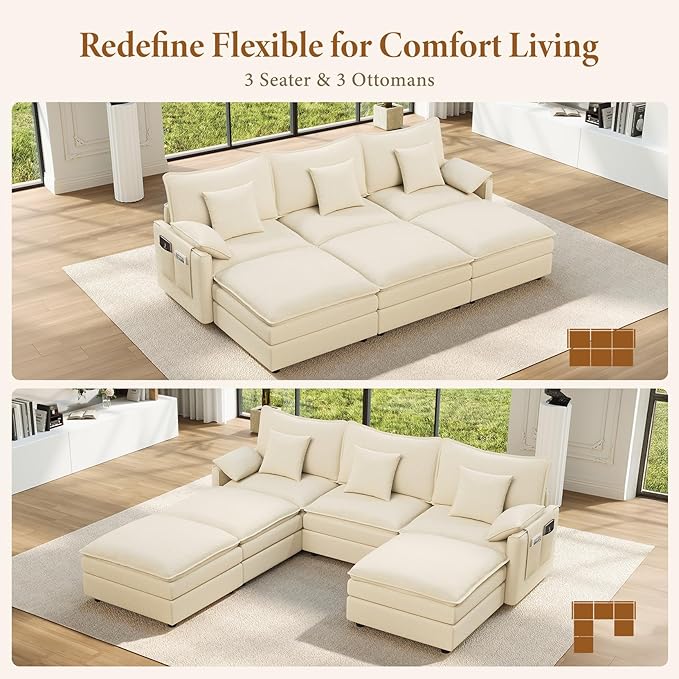 Vesgantti 108" Sectional Sleeper Sofa, 6-Seater Oversized Modular Cloud Couch with Movable Ottoman, Chenille Large Sofa Bed Convertible Deep Seat Couches for Living Room, Bedroom and Apartment, Beige
