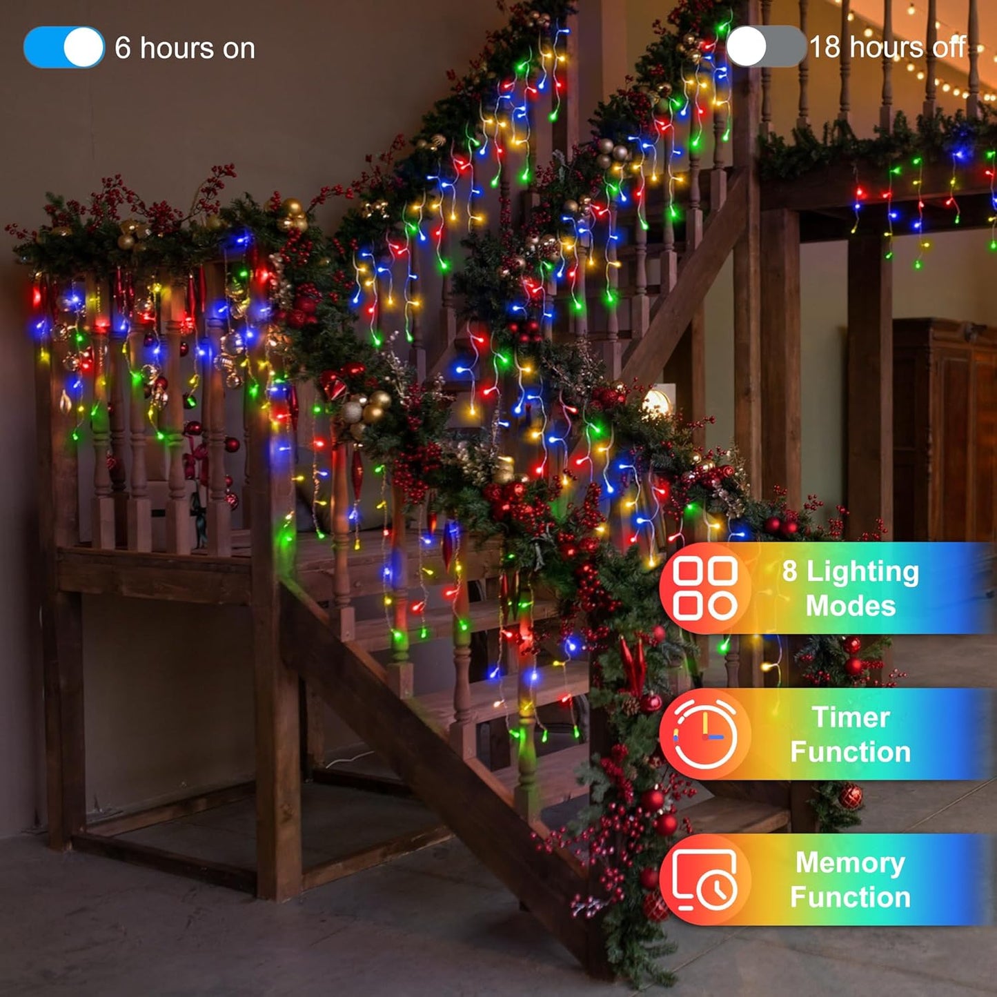504LED 50ft Christmas Lights, 112Drops 12 Modes Multicolor Christmas String Lights Outdoor Dimmable, Waterproof Christmas Decoration Fairy Lights with Timer for Indoor Eaves Party Patio Window Fence