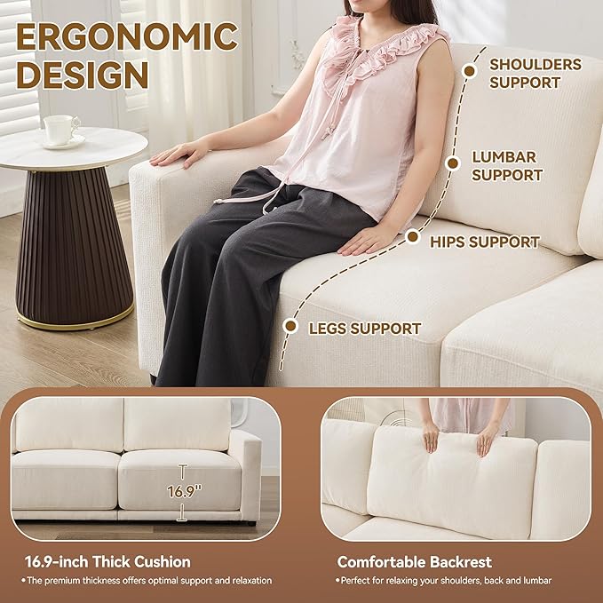 143.8" Modular Sectional Sofa Modern Chenille U-Shaped Couch with Thickened Seat Cushions, Easy Assembly, Upholstered 6 Seater Couch with 2 Movable Ottomans for Living Room, White