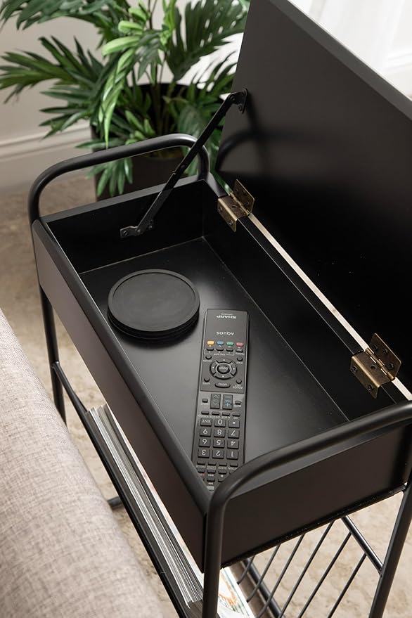 Kate and Laurel Kura Elegant Narrow Side Table, 19 x 9 x 26, Black, Modern Glam Slim Lift-Top Living Room End Table with Bottom Wire Rack for Entryway or Family Room Storage