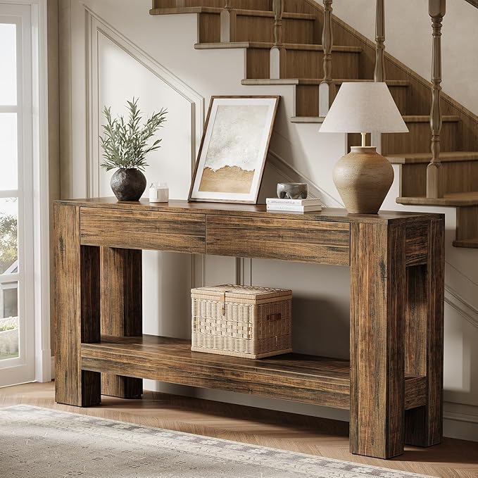 Tribesigns 63" Console Table with 2 Drawers, Farmhouse Entryway Table with Storage Shelf and Sturdy Legs, Wooden Sofa Table for Living Room, Hallway, Entrance (Dark Brown)