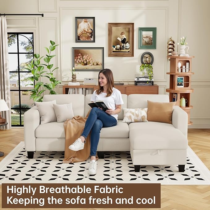 ZeeFu Sectional and Sofa Couches for Living Room - 78'' 3 Seater L-Shaped Modular Couch with Storage Ottoman - Modern Linen Fabric Upholstered Sofa Set for Small Space Apartment Office