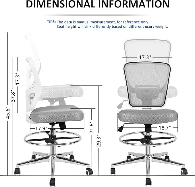 Drafting Chair, Tall Office Chair for Standing Desk, Drafting Stool with Lumbar Support, Adjustable Height and Foot Ring, Grey
