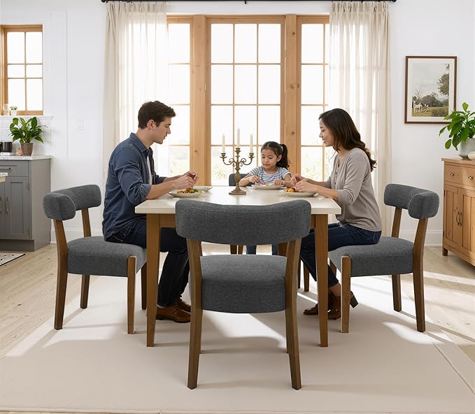 Modern Dining Chairs Set of 6, Walnut Upholstered Kitchen & Dining Room Chairs, Mid Century Wooden Dining Chairs Oversized Sturdy Fabric Rounded Chairs Curved Back, Dark Grey