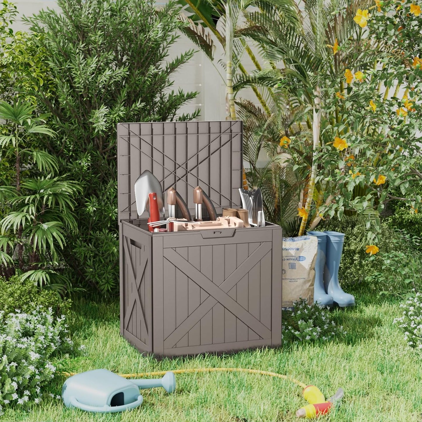 32 Gallon Outdoor Deck Box,Storage Lockable Waterproof Patio Furniture,Garden Tools,Cushions,Pool Accessories Outside Storage Resin Box(Light Brown)