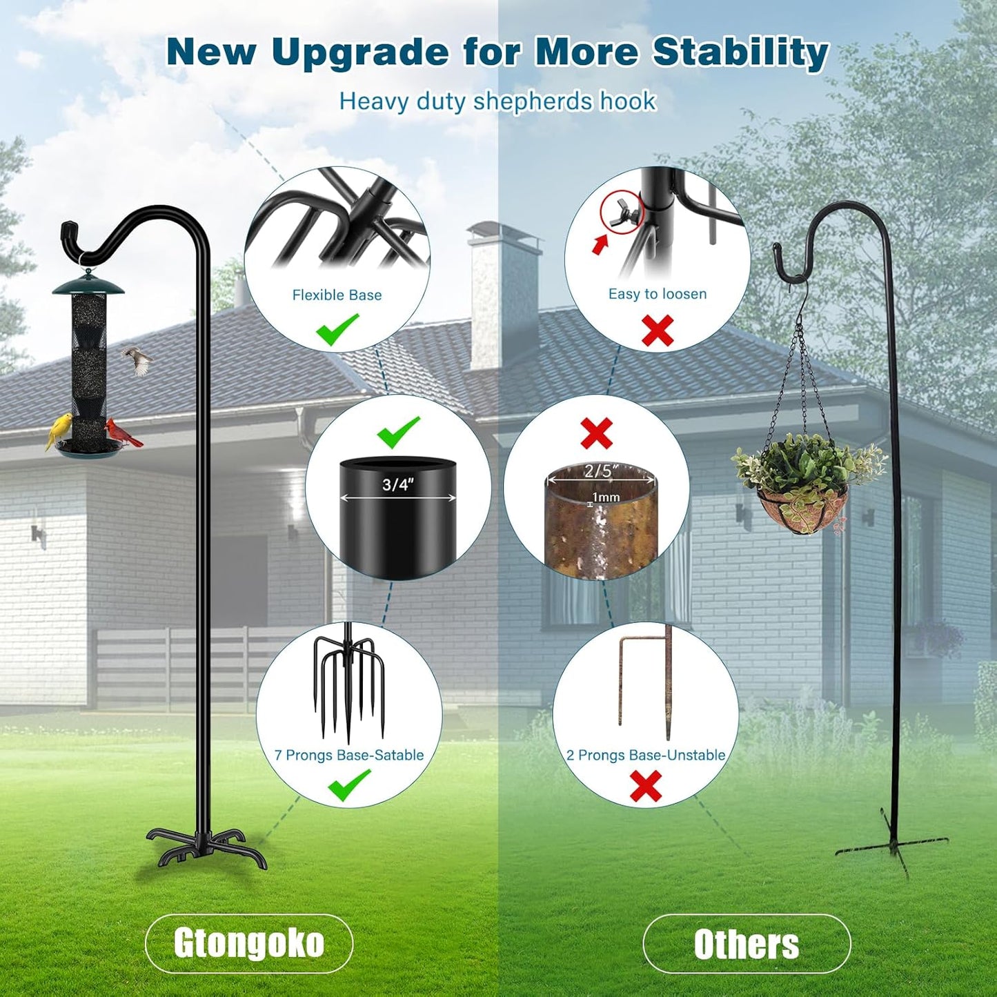 Gtongoko 2 Pack 108 Inch Tall Shepherds Hooks for Outdoor Bird Feeders, Heavy Duty Bird Feeder Pole Stand, Adjustable Hanger for Plant, Lights, Lanterns Wedding Decor with 7 Prongs Base