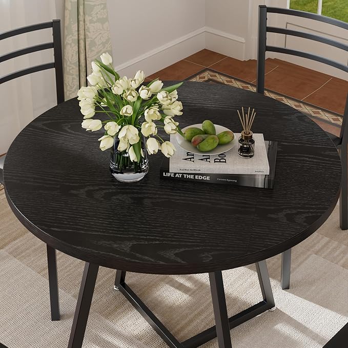 VECELO Round Dining Room Table with Wood Grain Tabletop and Steel Frame, for Kitchen, Living Room, Office, Conference, 2 to 4 Person, Black