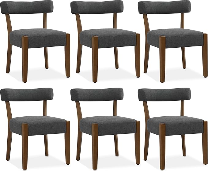 Modern Dining Chairs Set of 6, Walnut Upholstered Kitchen & Dining Room Chairs, Mid Century Wooden Dining Chairs Oversized Sturdy Fabric Rounded Chairs Curved Back, Dark Grey