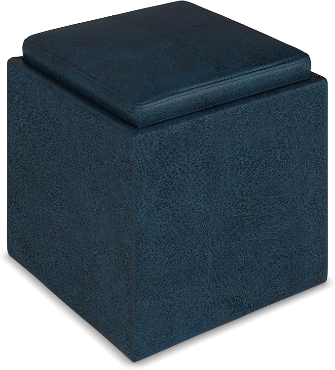SIMPLIHOME Rockwood 18 inch Wide Contemporary Square Cube Storage Ottoman with Tray in Distressed Dark Blue Vegan Faux Leather, Assembled, For the Living Room, Entryway and Family Room