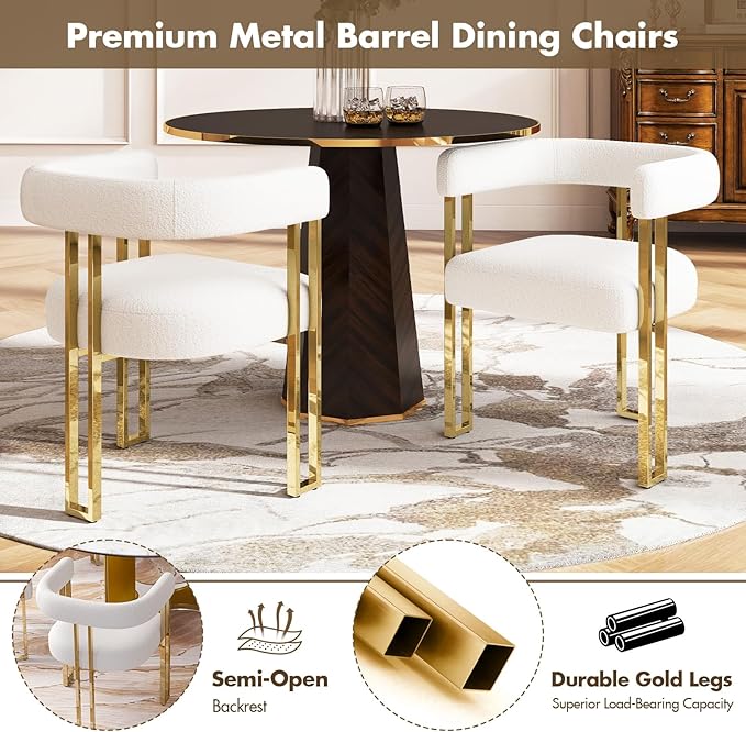 Set of 2 Modern White Boucle Dining Chairs with Gold Metal Legs, Mid Century Accent Upholstered Barrel Armchairs with Open-Back for Kitchen, Dining Room, Living Room, Apartment