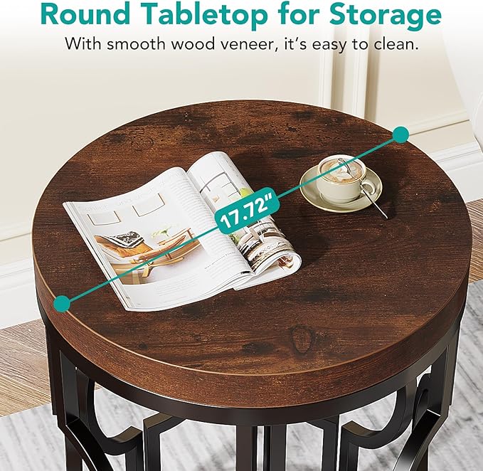 Tribesigns Round End Table Set of 2, Industrial Side Table with Metal Hollow Frame, Small Bedside Table Nightstand for Living Room, Bedroom, Easy Assembly (Rustic Brown,2 PCS)