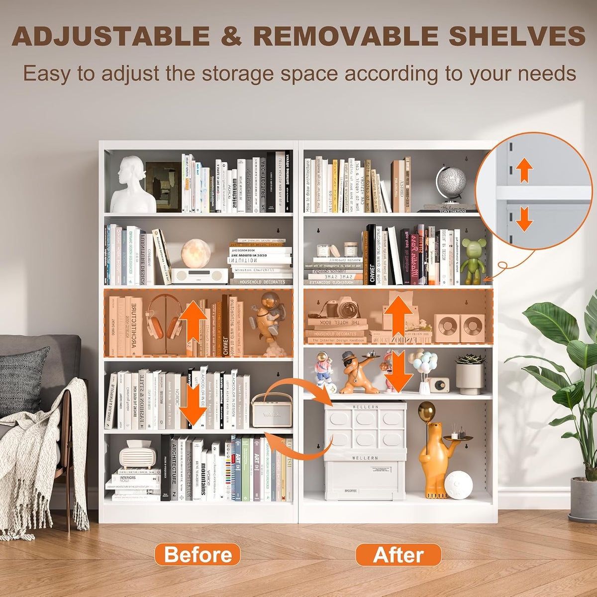 White Bookshelf, 55” Adjustable Tall Metal Bookshelf, 5-Tier Wide Bookshelf with Anti-Tilt Device, Modern Book Cases and Book Shelves for Bedroom, Living Room, Playroom, Study