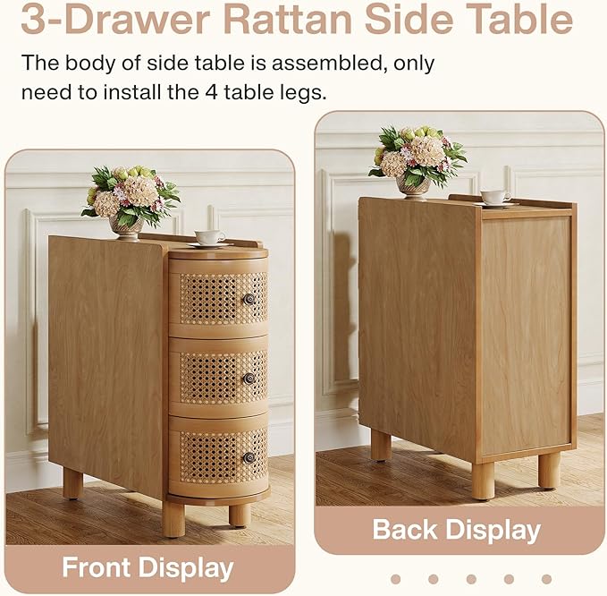 Tribesigns 3-Drawer Rattan End Table, Sofa Side Table with Vintage Embossed Handles for Living Room, Bedroom (2, Oak)
