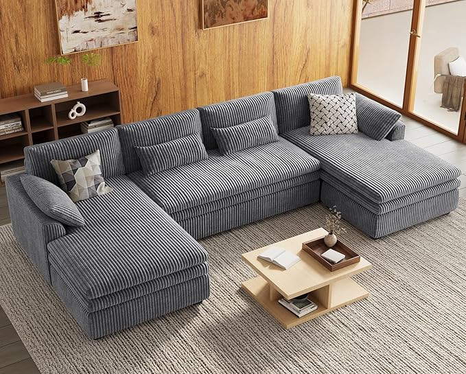 Belffin Large Modular Sectional Sofa with Double Deep Chaise, 135" Corduroy U Shaped Sectional Couch with 9" Soft Dual-Layer 6 Seats U Shaped Couch for Living Room, Apartment, Light Grey
