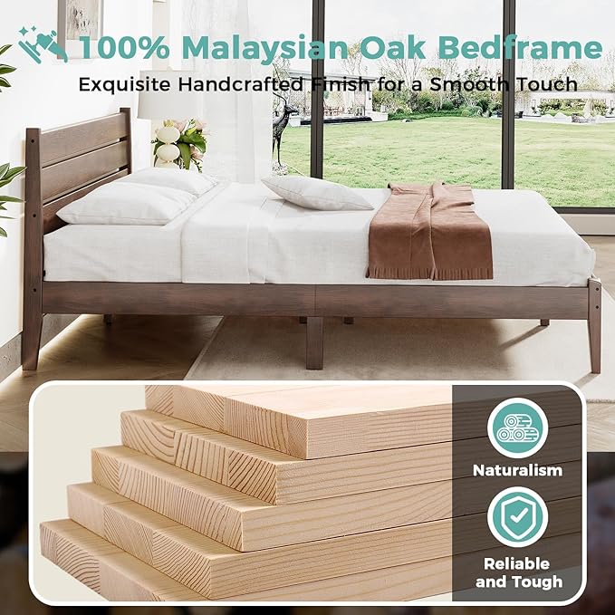 Full Bed Frame, Mid Century Platform Bed Frame with Ladder Headboard, Malaysian Oak Bedframe with Solid Wood Foundation, Noise-Free, Easy Installation, Full Size, Antique Espresso