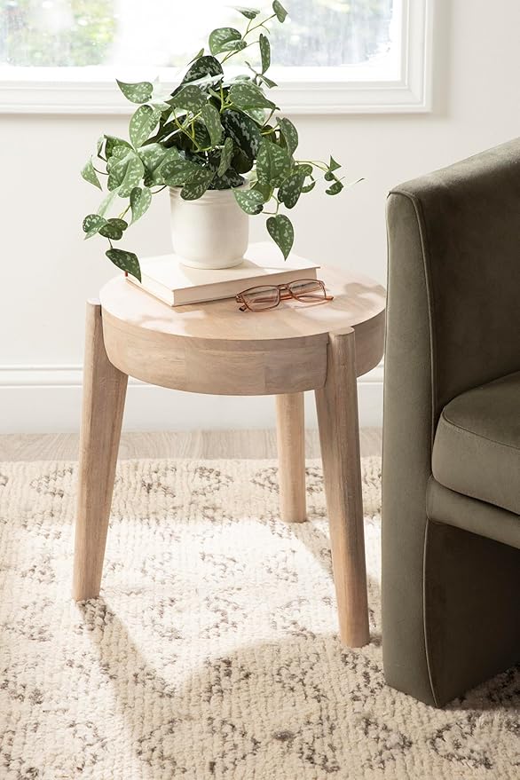 Kate and Laurel Vola Round Wood Side Table, 17 x 17 x 18, Natural Wood, Transitional End Table for Use as Bedside Nightstand, Living Room Ottoman, or Bedroom Vanity Stool