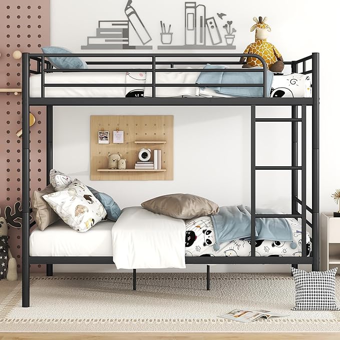 Merax Full Over Full Metal Bunk Bed with Ladder and high Guardrail, Able to Split, Storage Space, No Box Spring Needed, Noise Free, Black