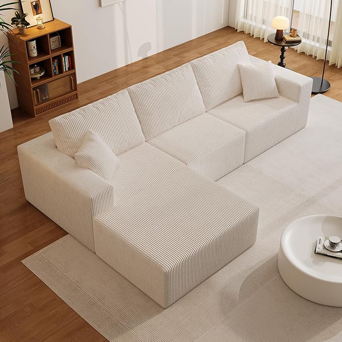 110" Boneless Cloud Sectional Couch for Living Room, Compressed Modular L-Shaped Sofa with Deep Seat, Frameless Corduroy Couch in Boxes, No Assembly Required 3-Seater (Left-Facing Chaise, Beige)