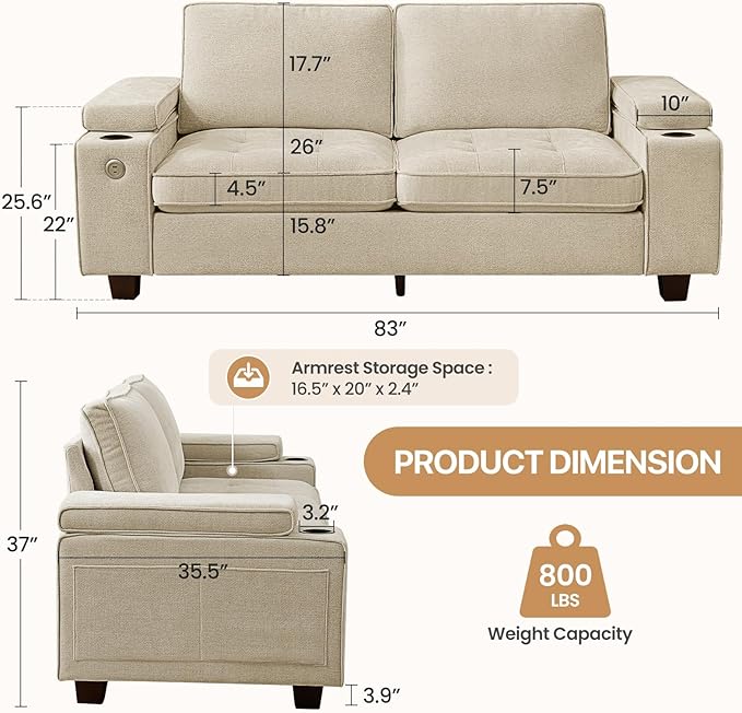 84" Loveseat for Living Room,Modern Chenille Upholstered 2-Seater Loveseat Couch for Apartment,Solid Wood Sofa with Adjustable Storage Armrest,Cup Holders,USB & Type-C Ports(Beige)
