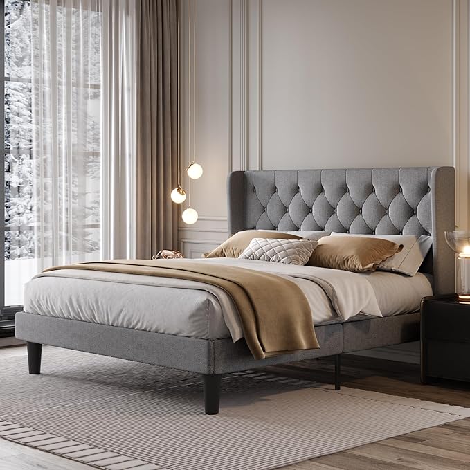 SHA CERLIN Full Size Upholstered Platform Bed Frame with Wingback Headboard, Tufted Linen Fabric, Wooden Slats Support, Easy Assembly, No Box Spring Needed, Light Grey